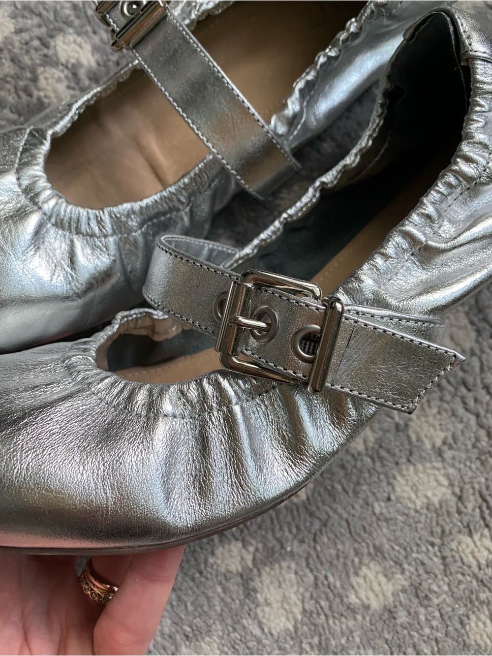 SCHUTZ Silver Metallic Mary Jane Ballet Flats with Buckle Strap - Picture 2 of 4
